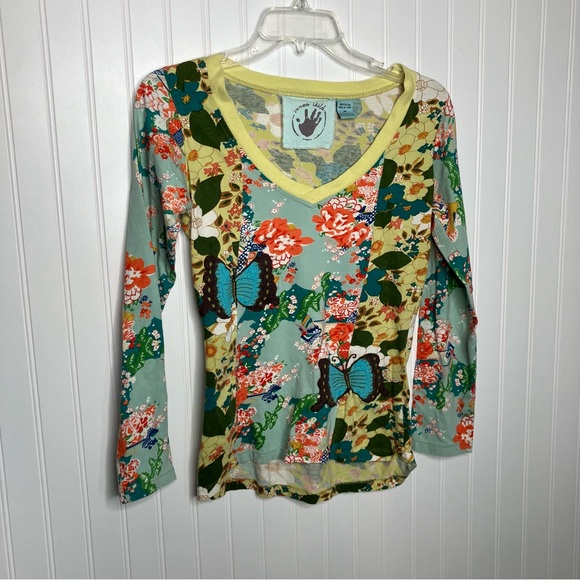 Vintage Tops - Inner Child Top Shirt Medium Floral Butterfly Y2K Patches Long Sleeve Cotton V